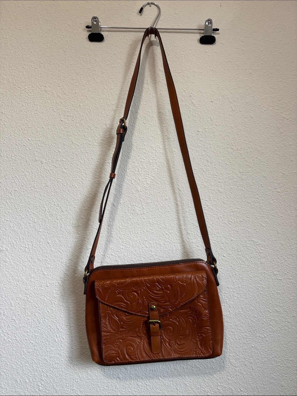 Patricia Nash Embossed Leather Crossbody Bag in Cognac Brown